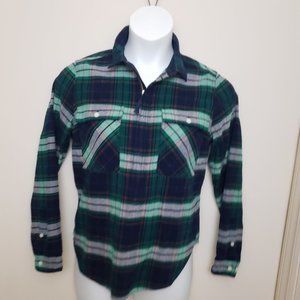 J Crew Factory Popover Shirt Jacket Small Half Zip Flannel Blue Green Plaid EUC